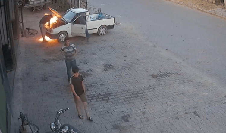 Oto tamircisi yanmaktan son anda kurtuldu