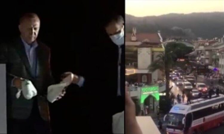 Erdoğan, cayır cayır yanan Marmaris’e konvoyla girip çay fırlattı