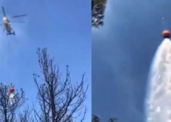 Canlı yayın yaparken helikopter üzerine su boşalttı