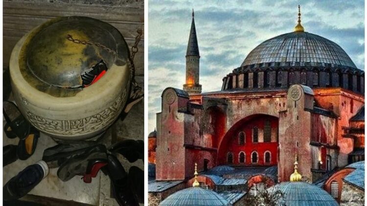 Ayasofya’da yine vukuat: Tarihi su haznesi kırıldı, ayakkabılık oldu