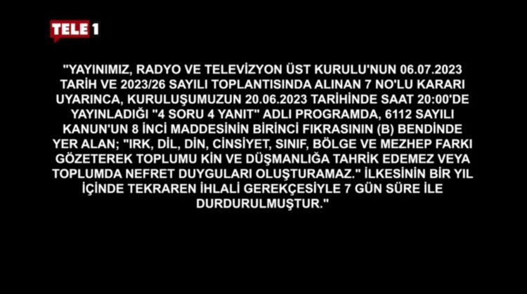 RTÜK kararı uygulanmaya başlandı, Tele1’in ekranı karartıldı