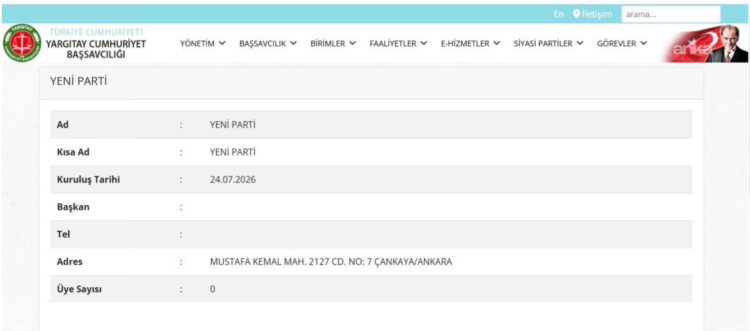 YENİ Parti, siyasi partiler listesine eklendi